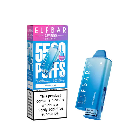 Elf Bar AF5500 Pod Vape Kit 12ml Blueberry Ice with packaging and a warning about nicotine addiction.