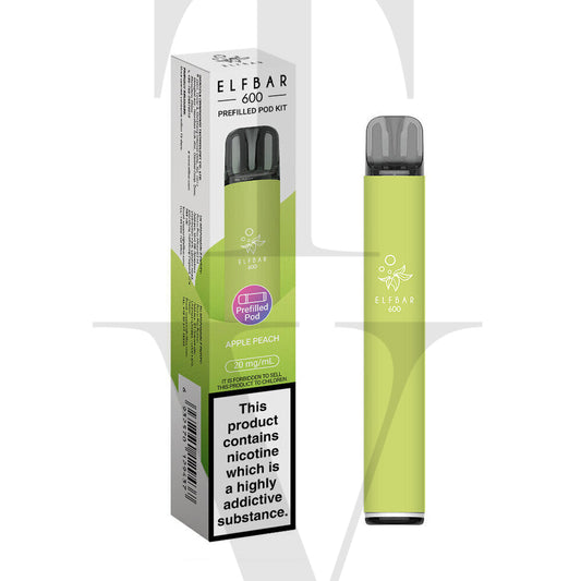 Elf Bar 600 Prefilled Pod Kit Apple Peach Flavour Review with packaging and device displayed.