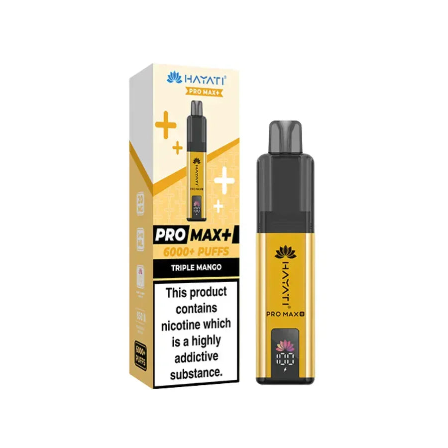 Hayati Pro Max Plus 6000 Puff Prefilled Pod Kit Triple Mango with packaging and vaping device visuals.