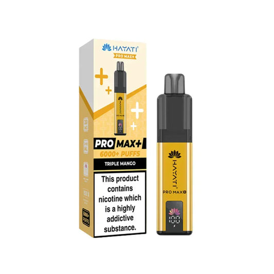 Hayati Pro Max Plus 6000 Puff Prefilled Pod Kit Triple Mango with packaging and vaping device visuals.