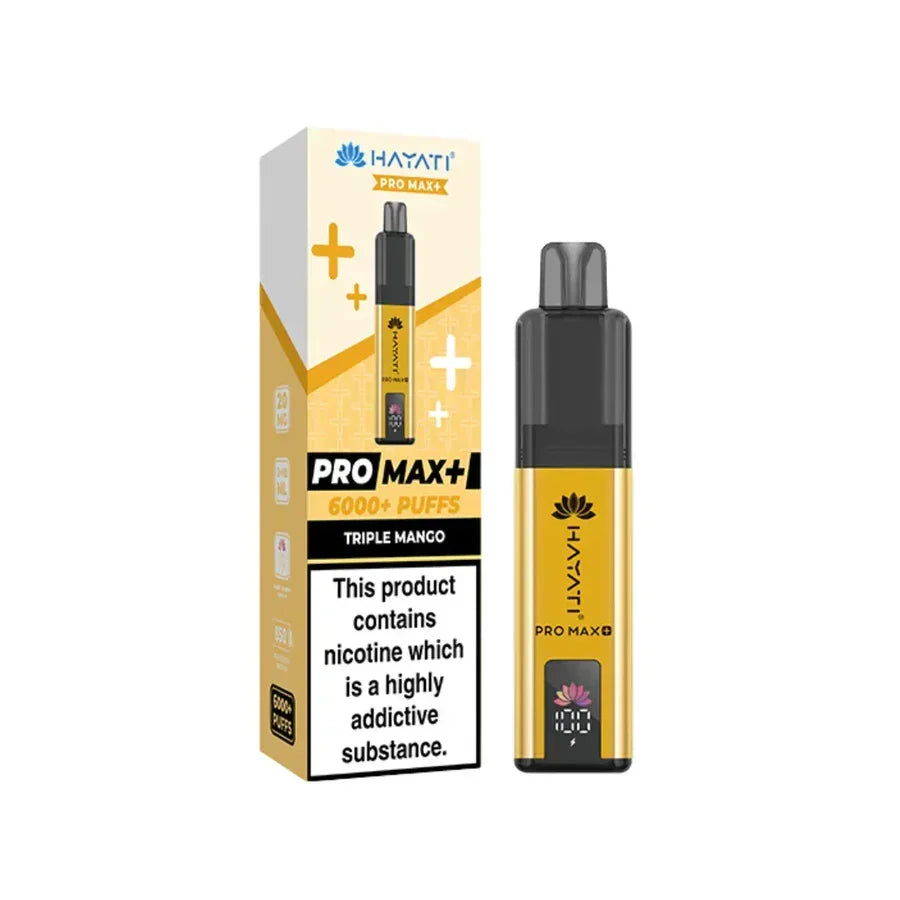 Hayati Pro Max Plus 6000 Puff Prefilled Pod Kit Triple Mango with packaging and vaping device visuals.