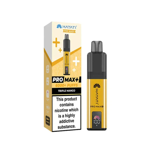Hayati Pro Max Plus 6000 Puff Prefilled Pod Kit Triple Mango with packaging and vaping device visuals.