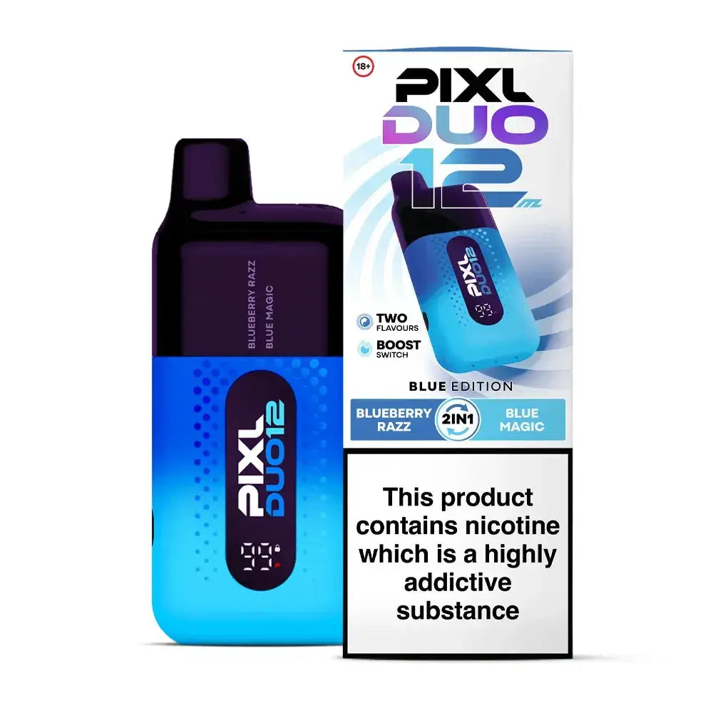 Big Puff Disposables - PIXL DUO 12ml vape featuring Blueberry Razz and Blue Magic flavors.