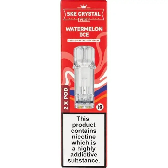 Any 3 For 15 Vape Pods - SKE Crystal Plus Watermelon Ice, 2 x pods, smooth vapor and fruity flavor.
