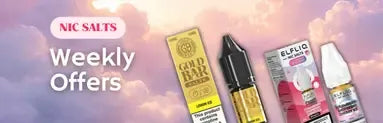 Vape products with 'Elfliq' branding against a pastel sky background, featuring 'Nic Salts Weekly Offers'