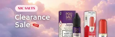 Vape products with 'Nic Salts Clearance Sale' text against a cloudy sky background