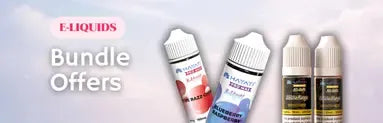 Four e-liquid bottles with colorful labels on a white background, featuring 'E-Liquids' branding.