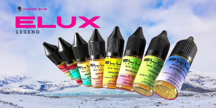ELUX Legend vape juice bottles with a snowy mountain background