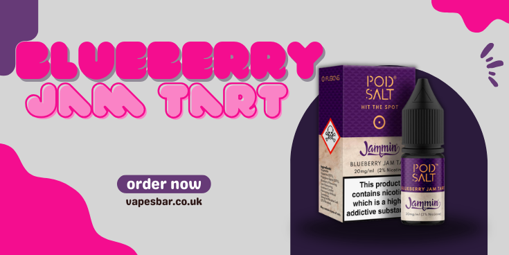 Vape product with 'Blueberry Jam Tart' flavor on a colorful background
