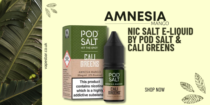 Pod Salt Amnesia Mango e-liquid packaging with leaf design on a light yellow background
