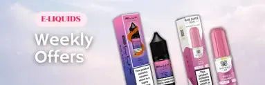 E-liquid products with packaging on a white background, featuring 'Weekly Offers' text.