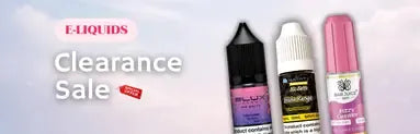 Three e-liquid bottles with a clearance sale banner on a light gray background