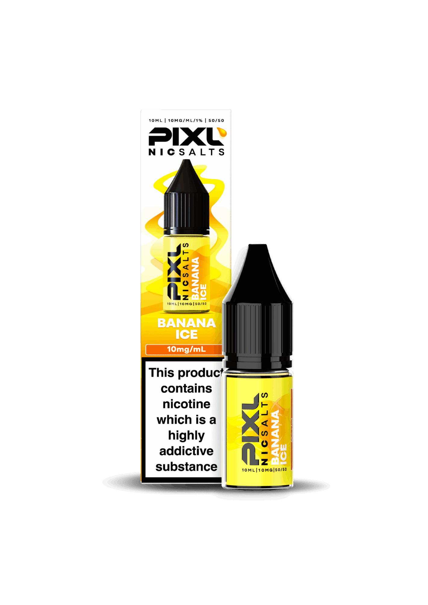 Pixl Nic Salts Banana Ice 10ml bottle with packaging showcasing creamy banana and menthol flavors.