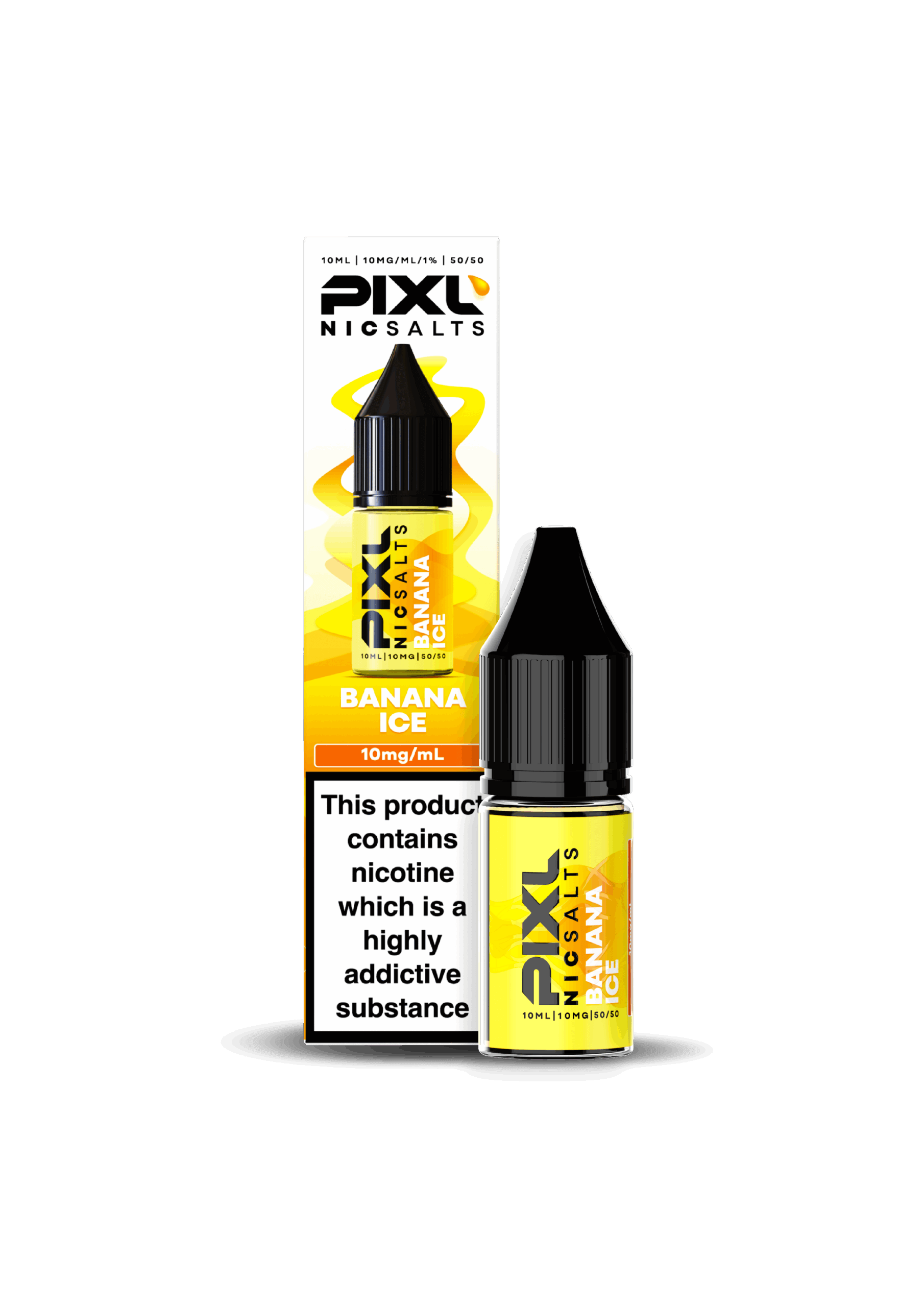 Pixl Nic Salts Banana Ice 10ml bottle with packaging showcasing creamy banana and menthol flavors.