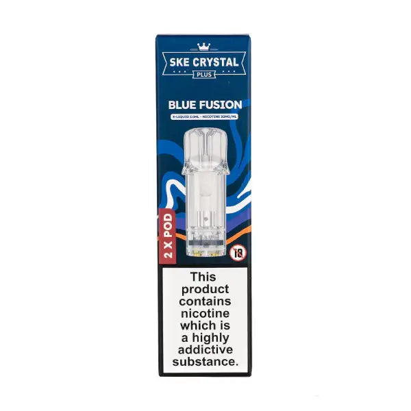 Blue Fusion Crystal Plus Prefilled Pods by SKE in packaging with nicotine warning