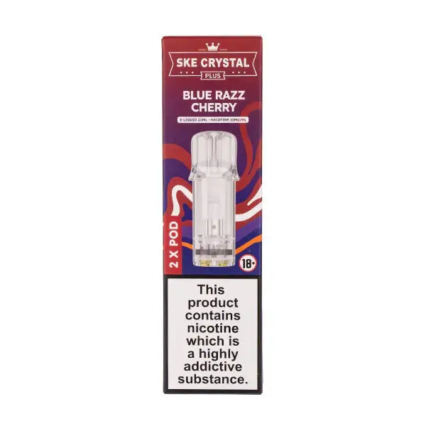 Blue Razz Cherry Crystal Plus Prefilled Pods by SKE packaging with warning label and product details.