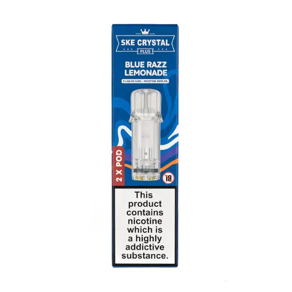 Blue Razz Lemonade Crystal Plus Prefilled Pods by SKE packaging with double pod display and warning label.