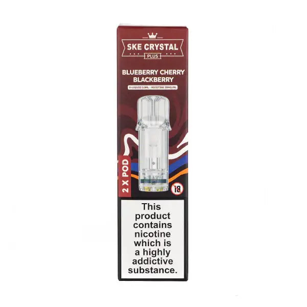 Blueberry Cherry Blackberry Crystal Plus Prefilled Pods by SKE packaging with nicotine warning and pod details.
