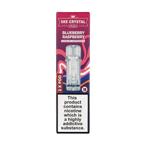 Blueberry Raspberry Crystal Plus Prefilled Pods by SKE, nicotine product, contains 2 pods in packaging.