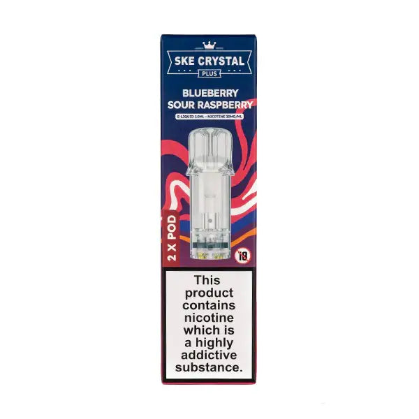 Blueberry Sour Raspberry Crystal Plus Prefilled Pods by SKE packaging featuring 2 pods and warning about nicotine.