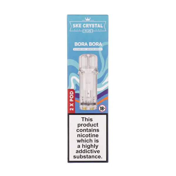 Bora Bora Crystal Plus Prefilled Pods by SKE packaging with nicotine warning label