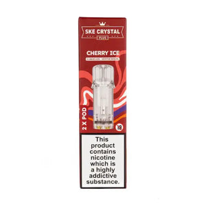 Cherry Ice Crystal Plus Prefilled Pods by SKE packaging with a nicotine warning label and product details.