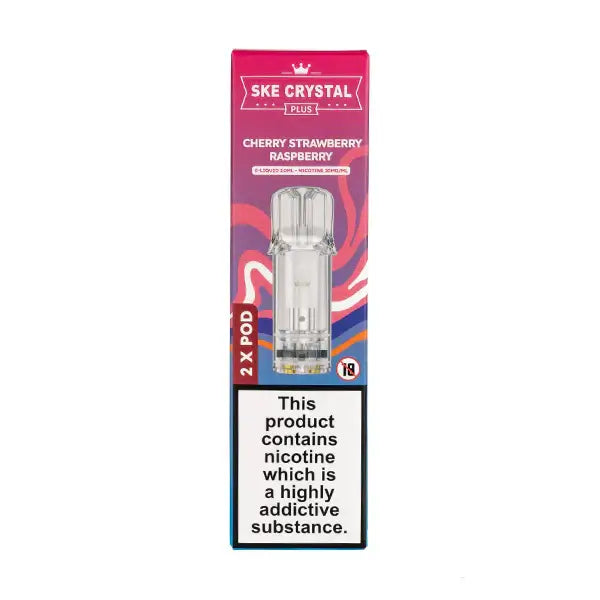 Cherry Strawberry Raspberry Crystal Plus Prefilled Pods by SKE in packaging with warning label and pod details.