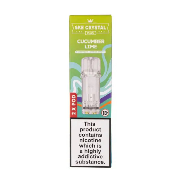 Cucumber Lime Crystal Plus Prefilled Pods by SKE packaging with 2 pods per pack and nicotine warning.