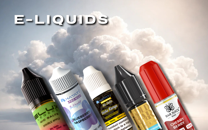 Assorted e-liquid bottles with cloud of vape smoke in the background, labeled 'E-LIQUIDS'.
