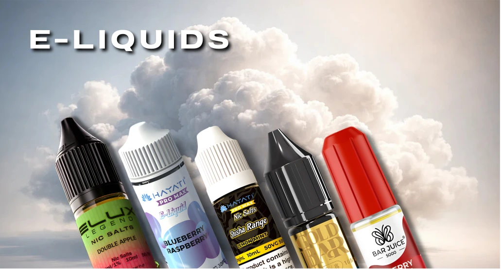 Assorted e-liquid bottles with cloud of vape smoke in the background, labeled 'E-LIQUIDS'.