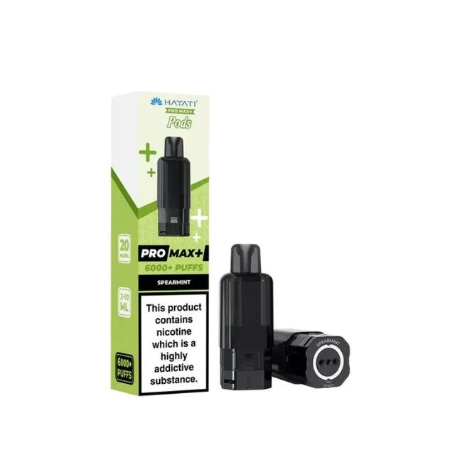 hayati pro max plus Vaping device and packaging with nicotine warning label on a white background