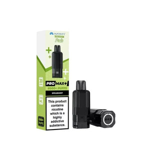 hayati pro max plus Vaping device and packaging with nicotine warning label on a white background