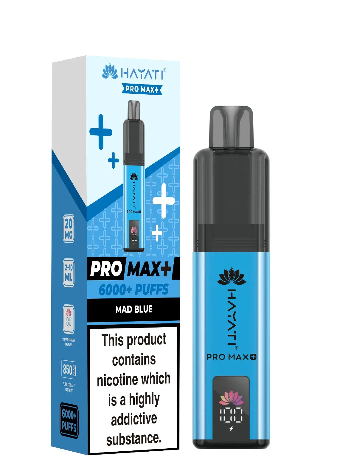 Blue vape device with 'HAYATI' branding and packaging on a white background
