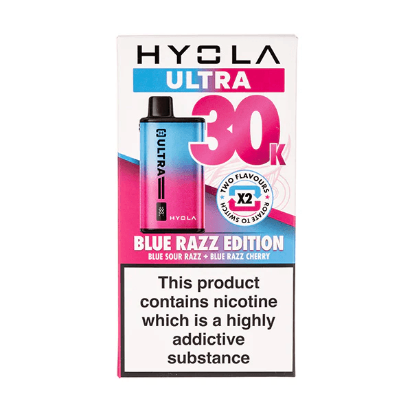 Hyola Ultra 30k Prefilled Pod Kit, Blue Razz Edition featuring blue sour razz and blue razz cherry flavors.
