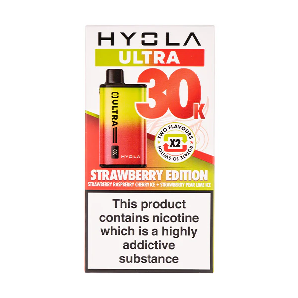 Hyola Ultra 30k Prefilled Pod Kit Strawberry Edition packaging with two flavour options and nicotine warning.