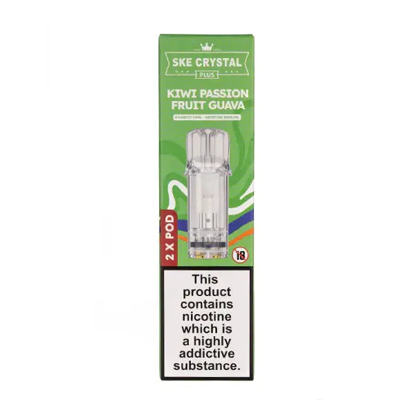 Kiwi Passion Fruit Guava Crystal Plus Prefilled Pods by SKE packaging with warning label and pod details.