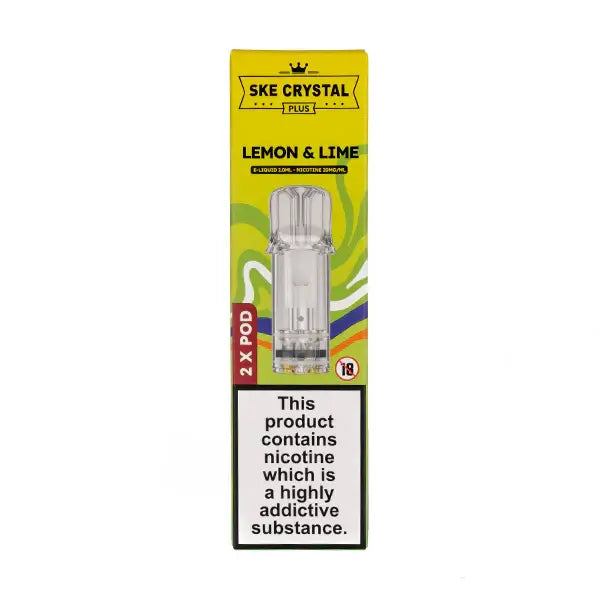 Lemon & Lime Crystal Plus Prefilled Pods by SKE in packaging with warning label and product details.