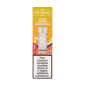 Peach Mango Crystal Plus Prefilled Pods by SKE packaging featuring two pods and warning label about nicotine.