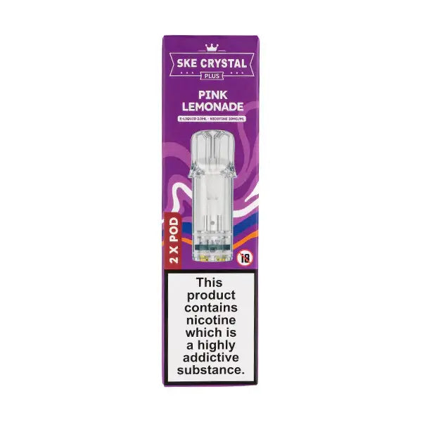 Pink Lemonade Crystal Plus Prefilled Pods by SKE packaging showcasing flavor and nicotine warning.