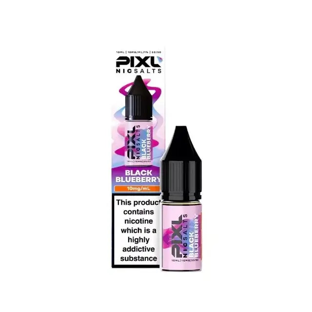 PIXL Black Blueberry 10ml Nic Salt bottle and packaging with nicotine warning.