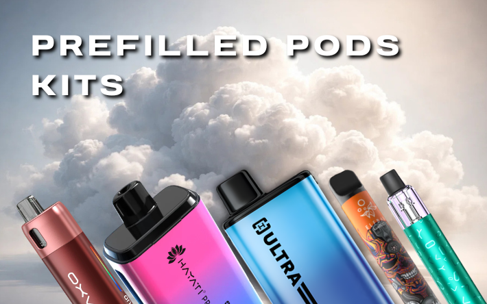 Vape pods with brand names against a cloud background, promoting prefilled pods kits.