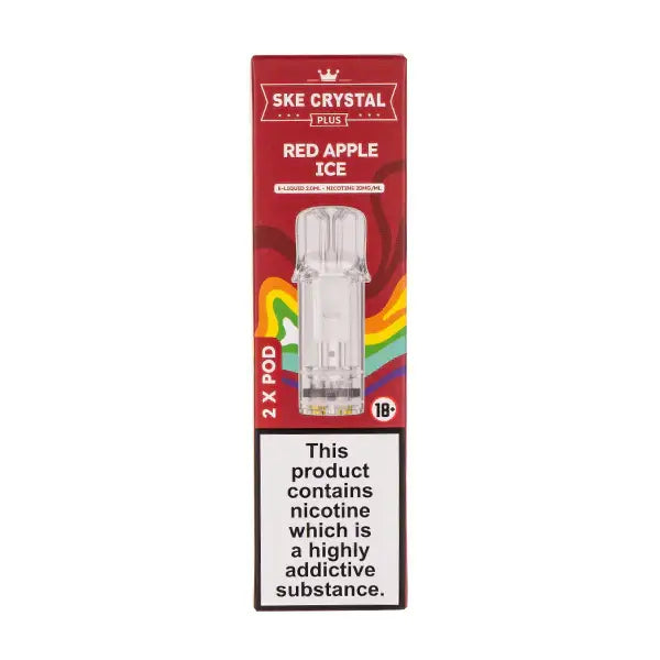 Red Apple Ice Crystal Plus Prefilled Pods by SKE packaging showcasing two pods and warning about nicotine.