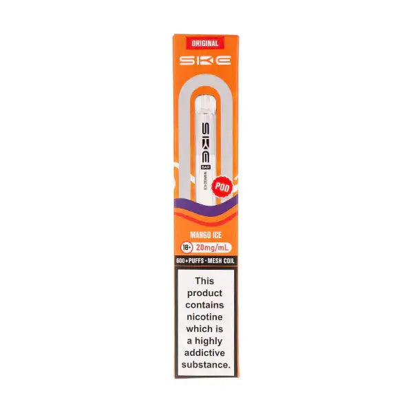 Mango Ice Crystal Bar 600 Prefilled Pod by SKE packaging featuring mango ice flavor, nicotine content, and 600 puffs.
