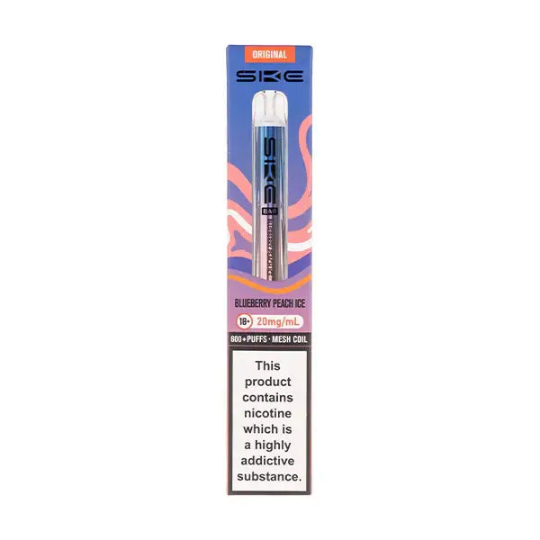 SKE Crystal Bar 600 Blueberry Peach Ice Prefilled Pod Kit packaging with nicotine warning and product details