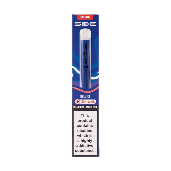 SKE Crystal Bar 600 Bull Ice Prefilled Pod Kit packaging featuring bold design and nicotine warning.