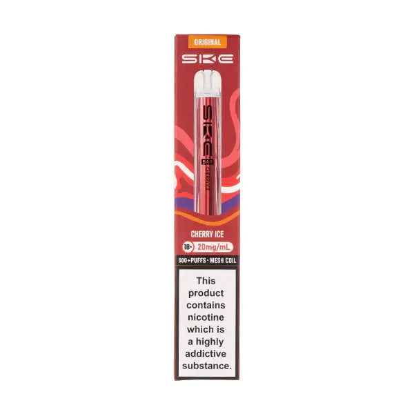 SKE Crystal Bar 600 Cherry Ice Prefilled Pod Kit packaging with details and warning labels.