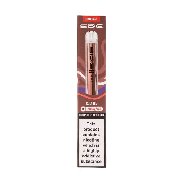 SKE Crystal Bar 600 Cola Ice Prefilled Pod Kit packaging with nicotine warning and 600 puffs information.