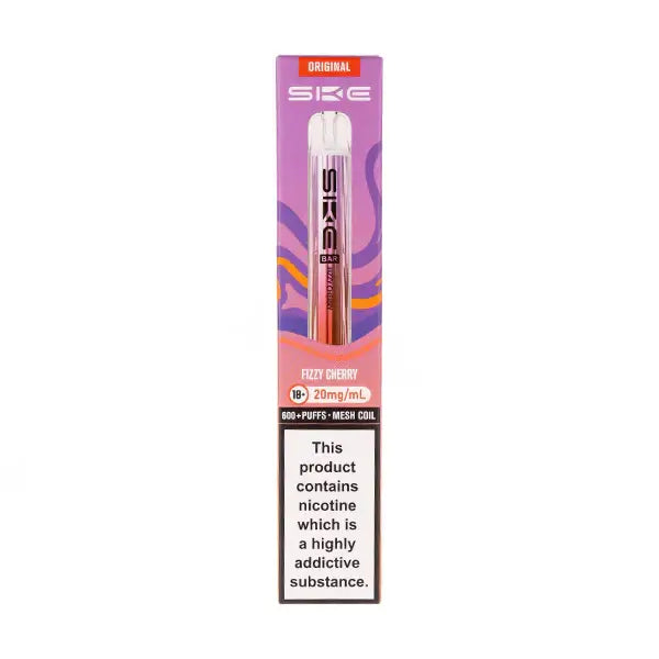 SKE Crystal Bar 600 Fizzy Cherry Prefilled Pod Kit packaging showcasing cherry flavor and nicotine content.