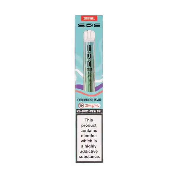 SKE Crystal Bar 600 Fresh Menthol Mojito Prefilled Pod Kit with nicotine warning and flavor details.