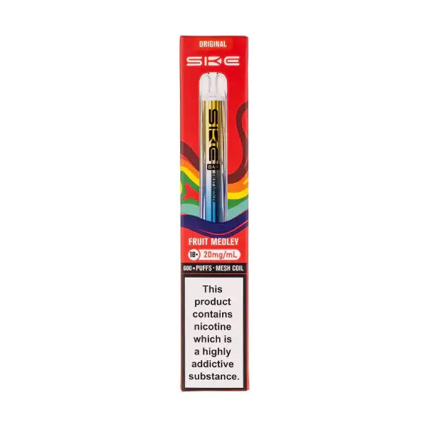 SKE Crystal Bar 600 Fruit Medley Prefilled Pod Kit packaging with vibrant colors and nicotine warning label.